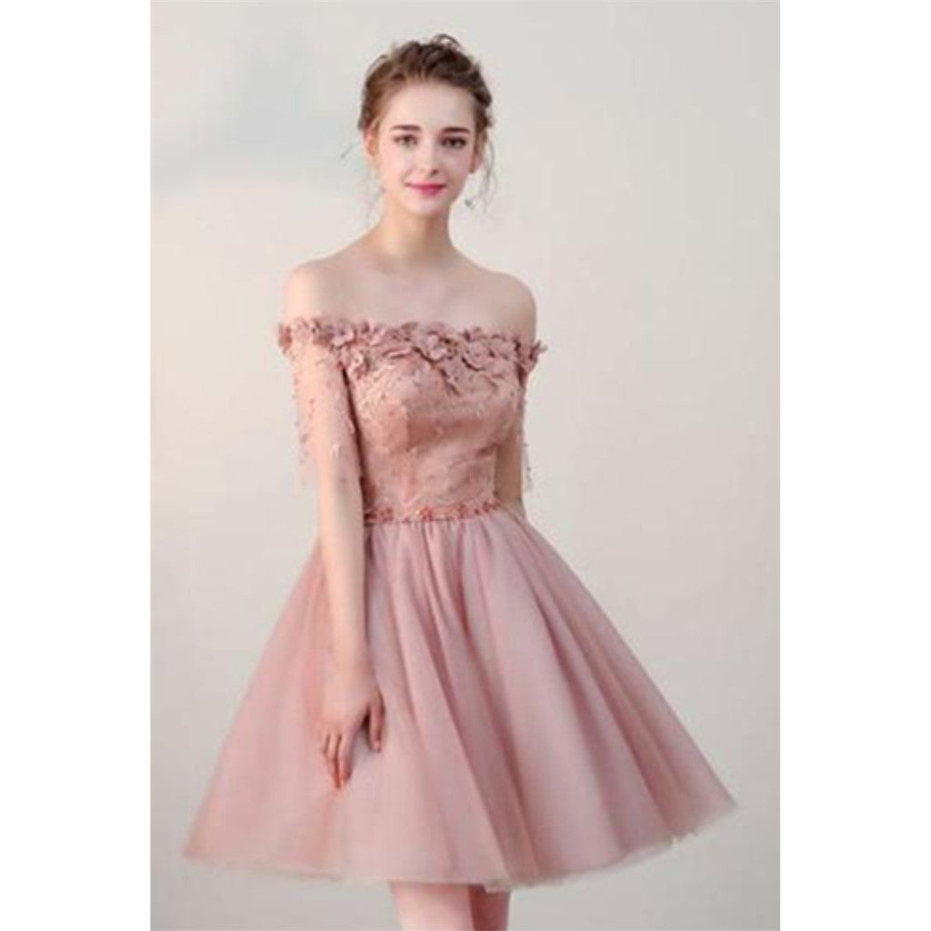 Charming Off the Shoulder Pink Applique Beaded Lace up Back Homecoming Dresses, HD0363