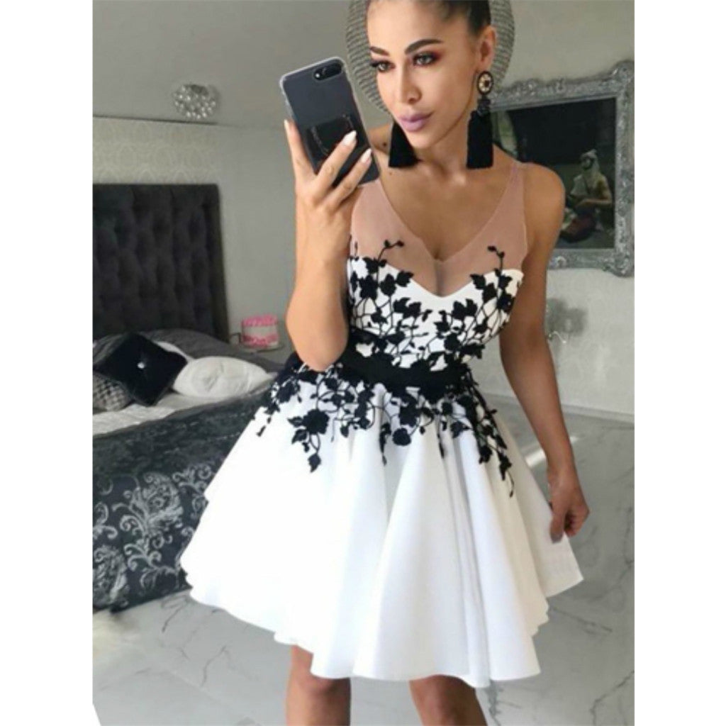 A-line Black Lace Appliques Sleeveless White Short Homecoming Dress, HD0403