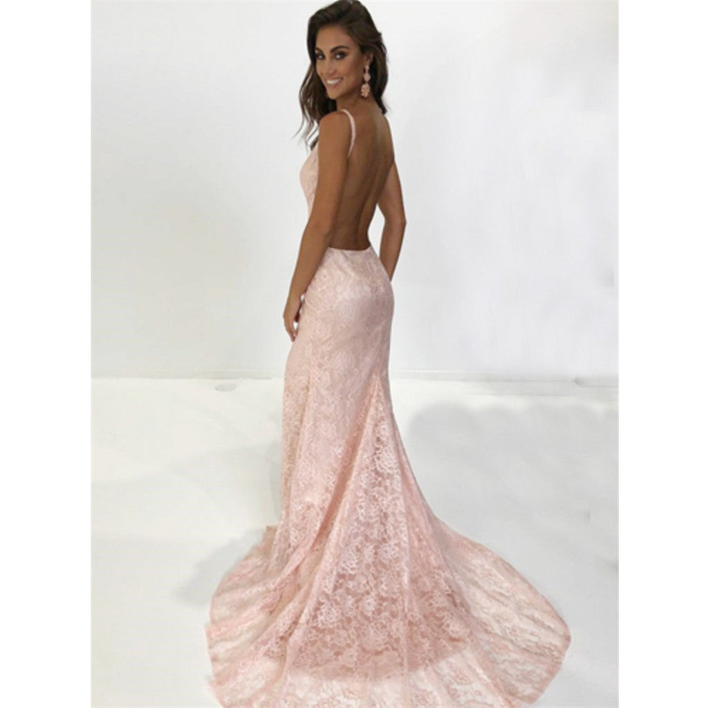 Mermaid Spaghetti Straps Backless Pink Lace Long Prom Dress With Train, PD0129