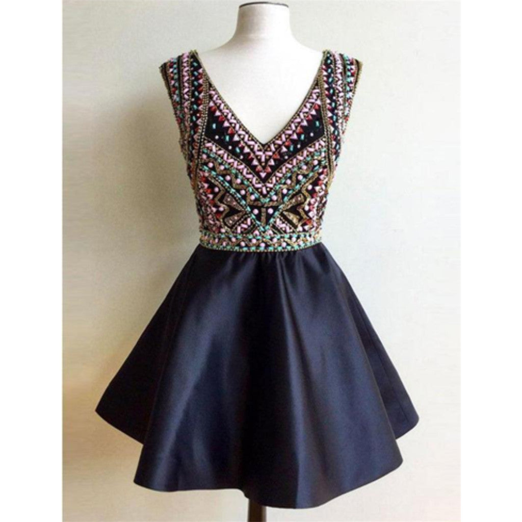 Black V Neck Heavily Beaded Cheap Short Homecoming Dresses Online, CM679