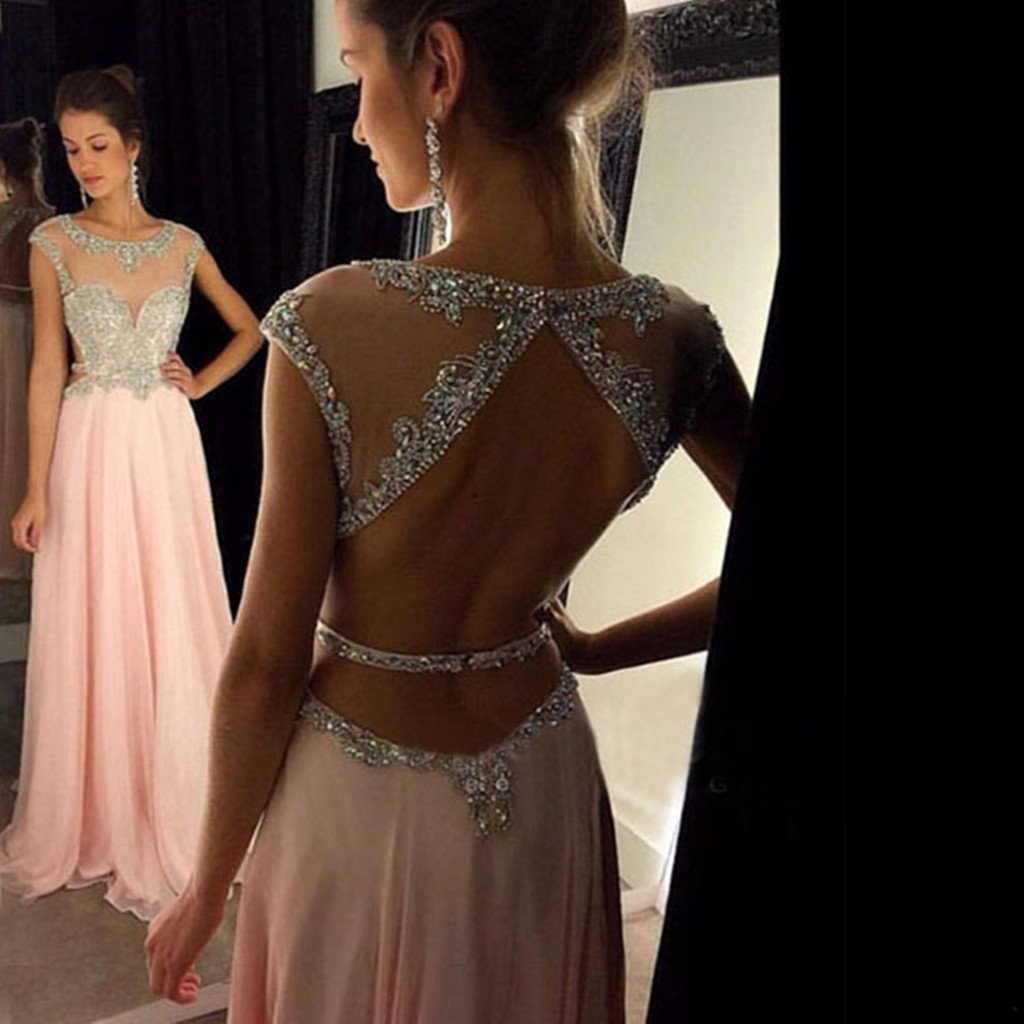 Popular A-line round neck sequin long pink prom dress, Pink Chiffon Sequin Prom Dress, PD0508