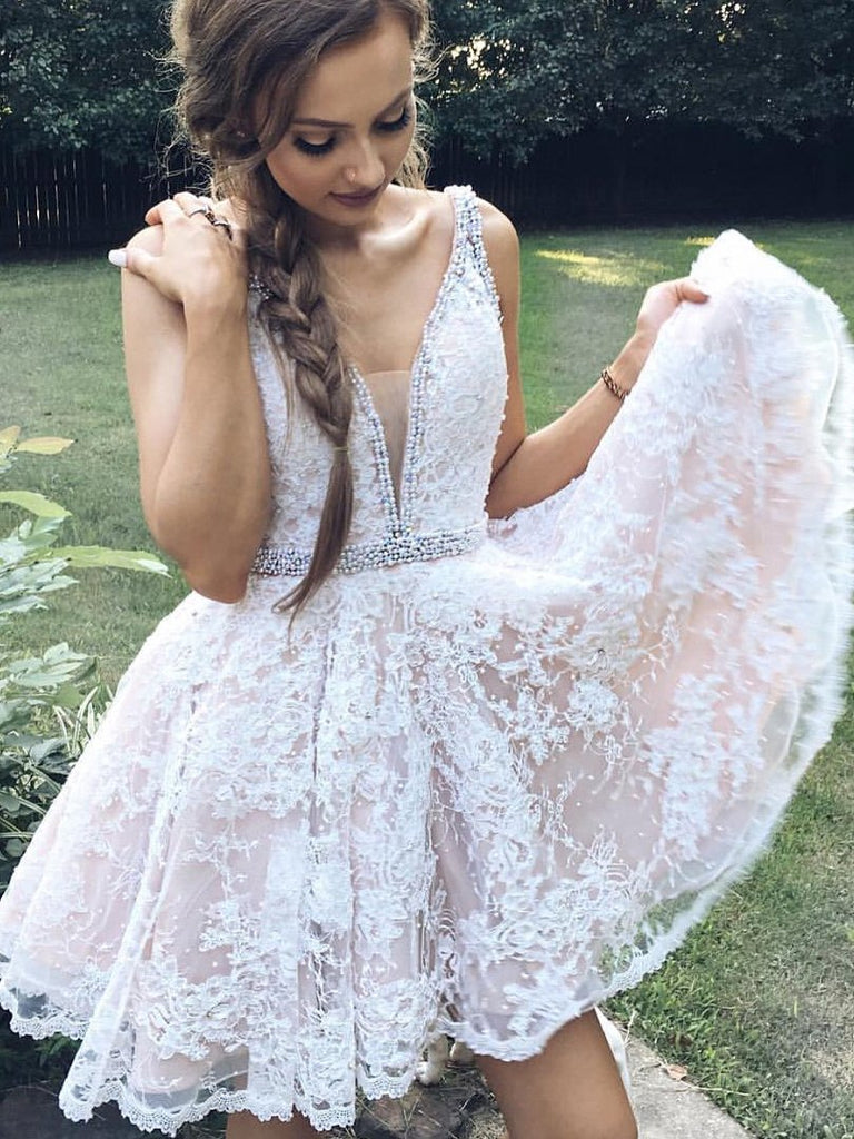 Charming lace v-neck Sexy Short Prom Dresses, white A-line homecoming dress, HD0339