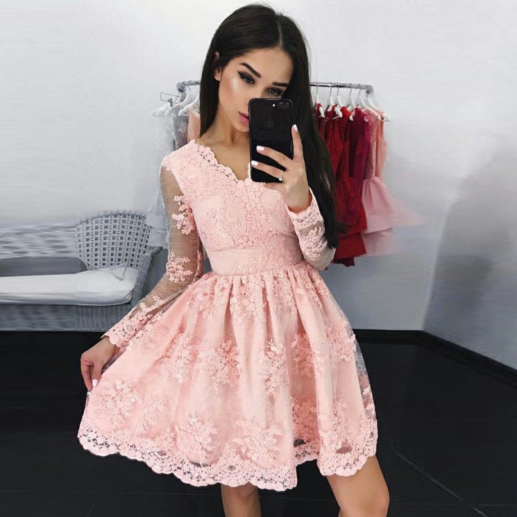 Newest A-Line V-Neck Long Sleeves Short Pink Lace Homecoming Dress,  Appliques Homecoming Dress, HD0317
