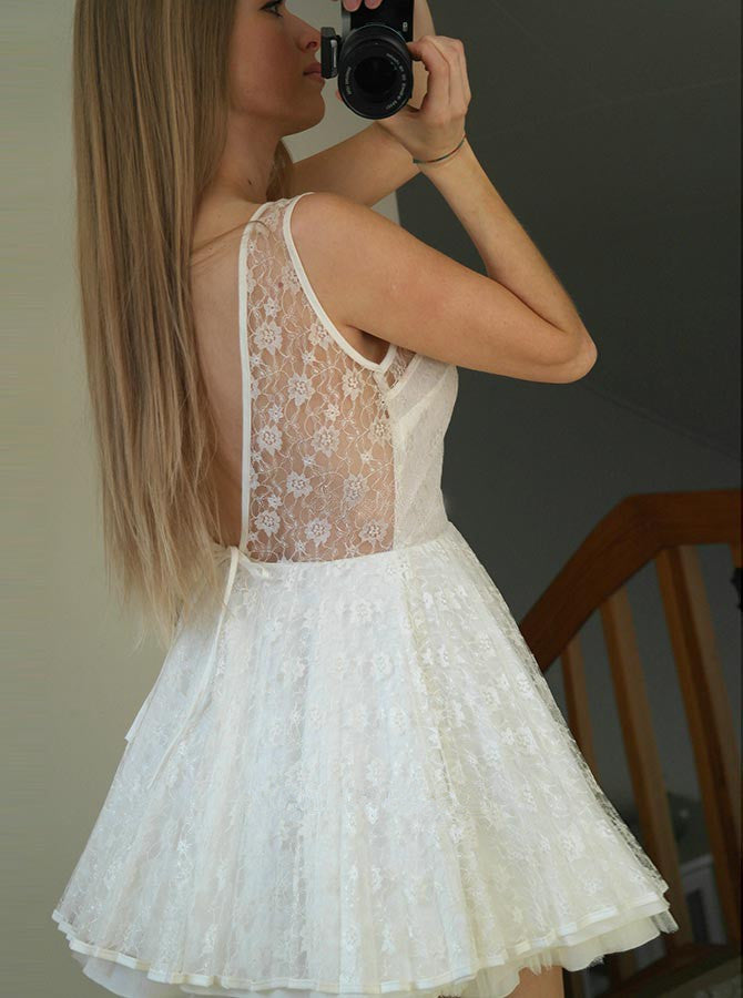 Halter Full Lace Sleeveless V-back Cute Short Homecoming Dresses, HD0525