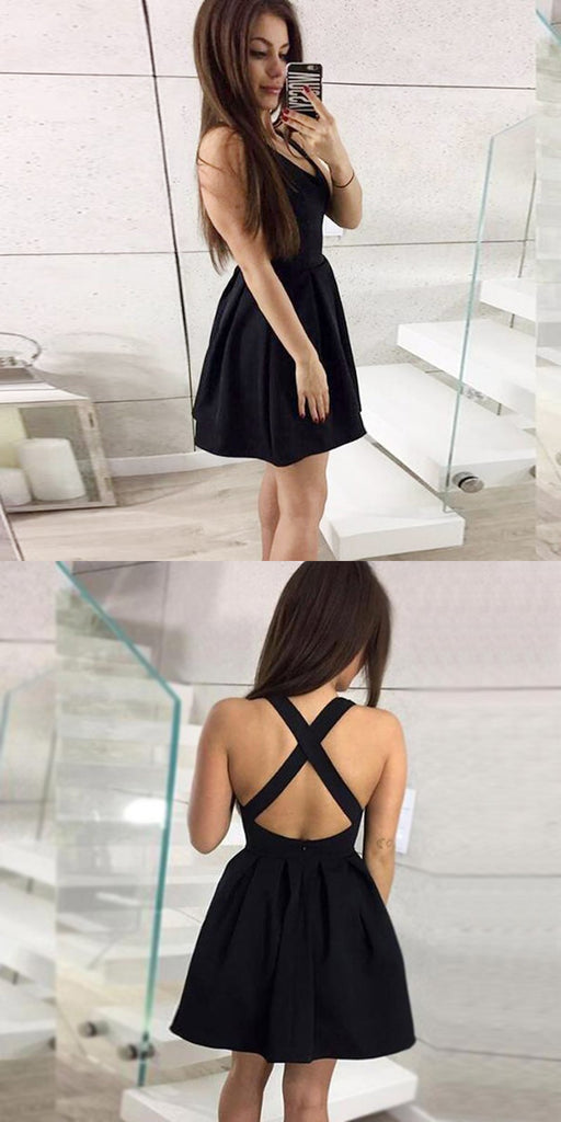A-Line V-neck Black Satin Backless Short Homecoming Dresses, HD0501
