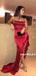 Sheath Spaghetti Straps Red Satin Split Prom Dresses With Ruffles, PD0610