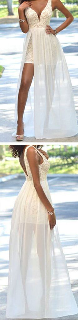 Cheap Popular Simple Ivory Lace Side Slit Chiffon Wedding Party Dresses, WD0048