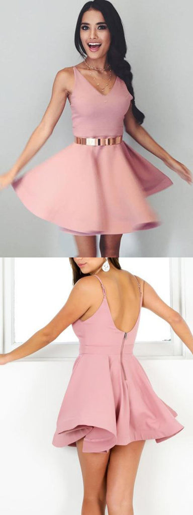 Newest Spaghetti Straps V-neck Backless Pink Simple Cheap Homecoming dresses, HD0378