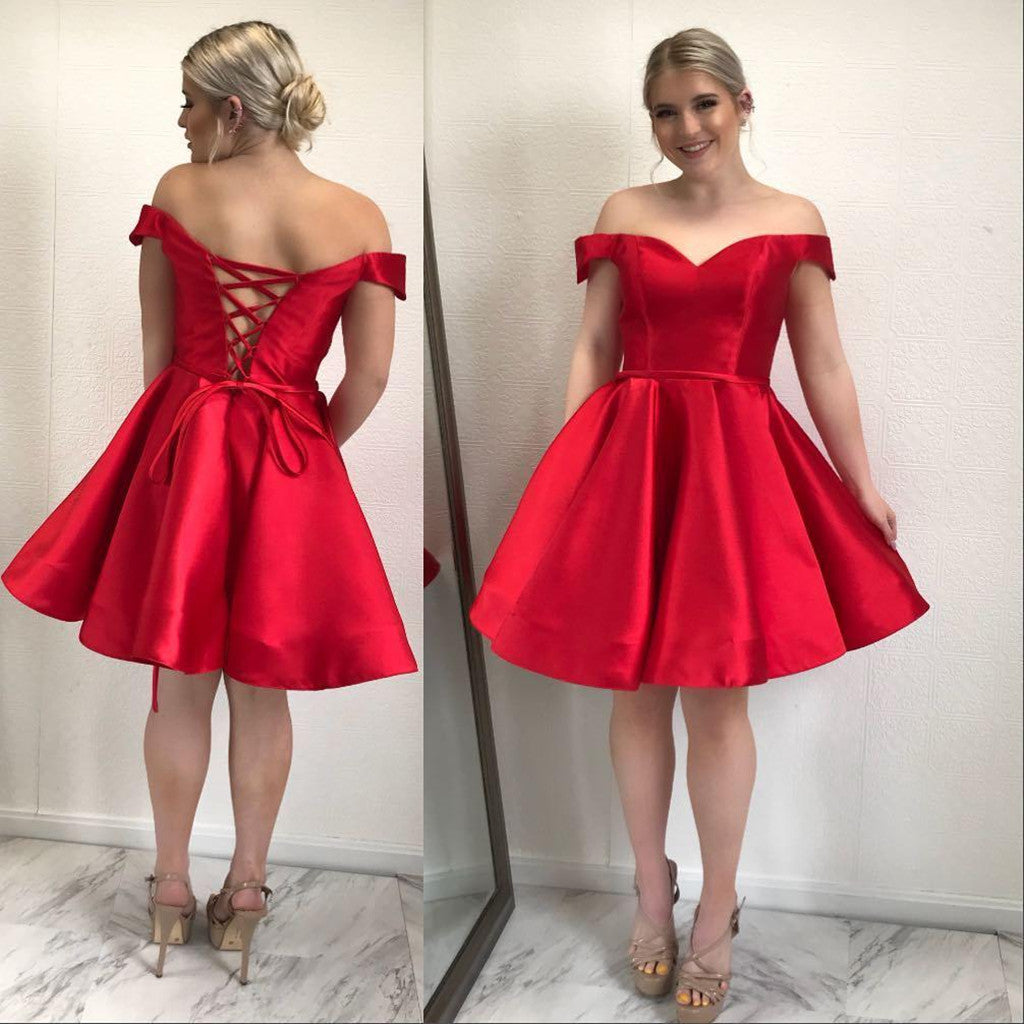 Simple A-line Off-shoulder Red Lace up Back Cheap Homecoming dresses, HD0386