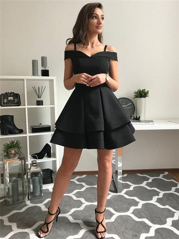 A-line Off-shoulder Straps Black Satin Short Homecoming Dresses