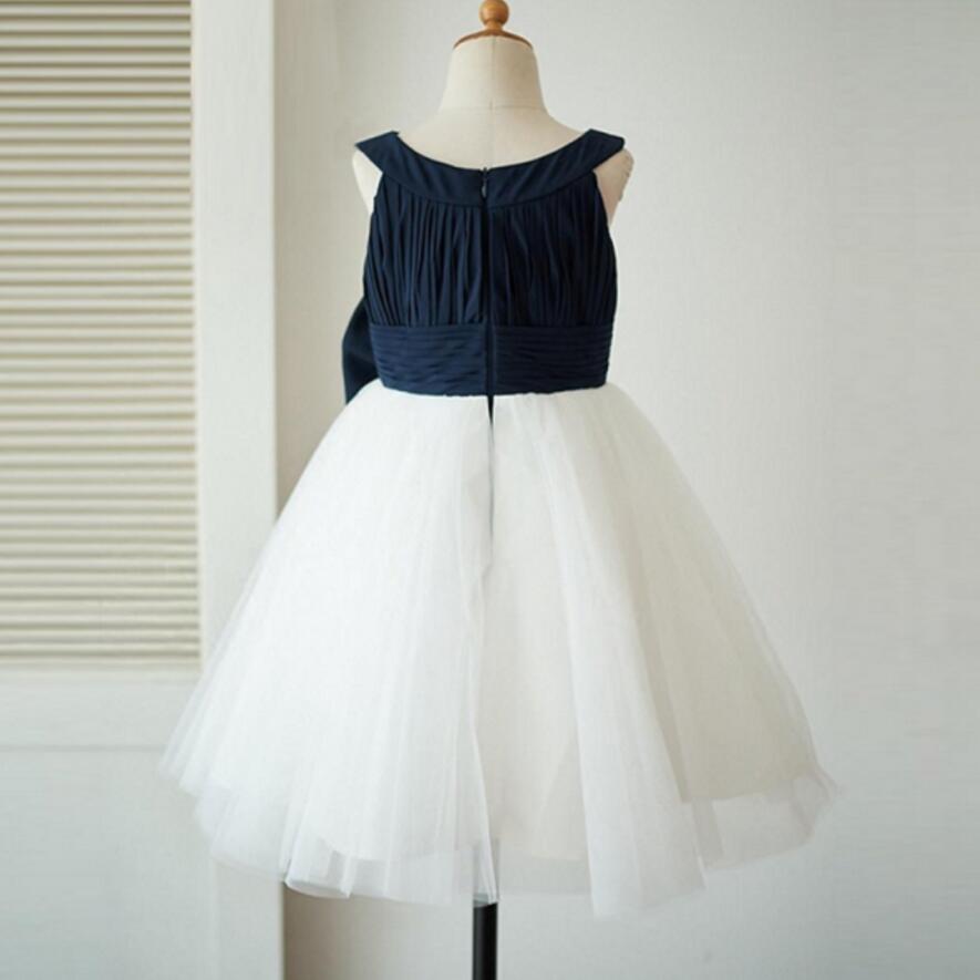 Navy blue jewel white dress with big bow dress , Disney Style Flower Girl Dress, FG0097