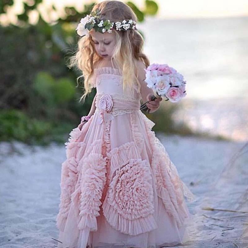 Lovely Spaghetti Soft Pink Flower Girl Dresses For Beach Wedding, Uniq –  Okstyles