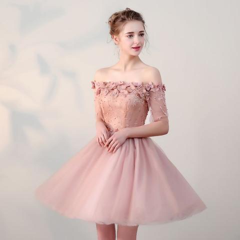 Charming Off the Shoulder Pink Applique Beaded Lace up Back Homecoming Dresses, HD0363
