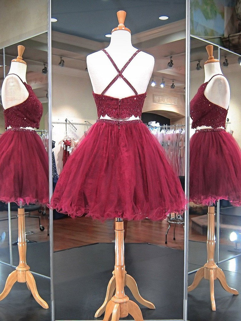 Two-pieces Lace Beading Backless Burgundy Homecoming dresses, HD0391