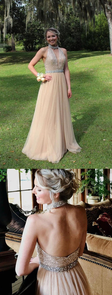 A-line Halter Deep V-neck Beading Tulle Long Backless Prom Dress, PD006