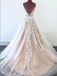 A-line Deep V-neck Sleeveless Lace Appliques Long Tulle Prom Dresses, PD0629