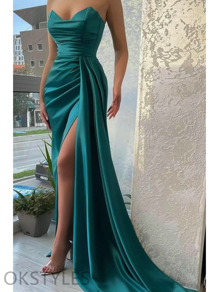 Sexy Satin Strapless Mermaid Side-Slit Long Prom Dresses, OT101