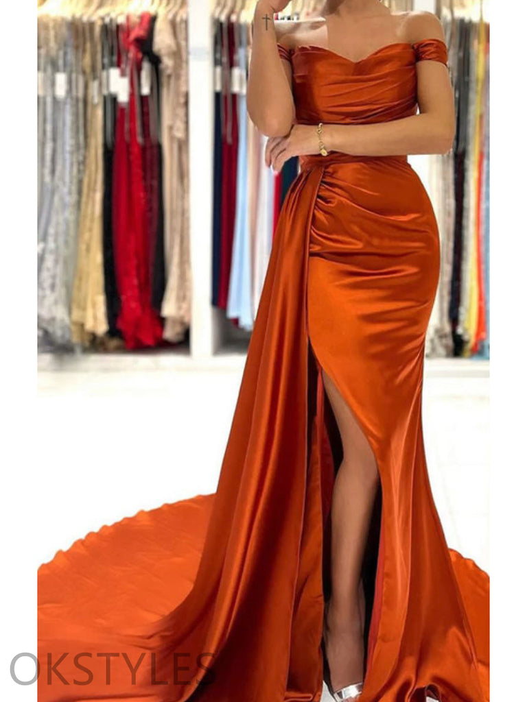Satin Off-Shoulder Burnt-Orange Mermaid Long Prom Dresses, OT099