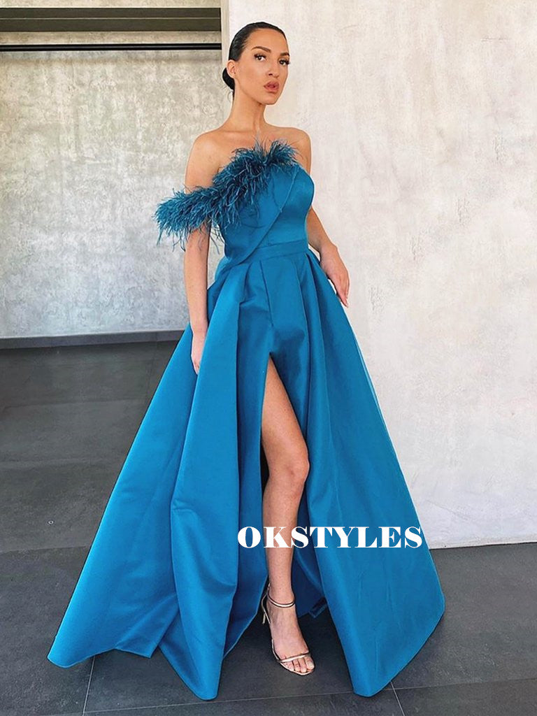 A-line Floor-length Strapless Long Blue Prom Dresses With Split, PD0584