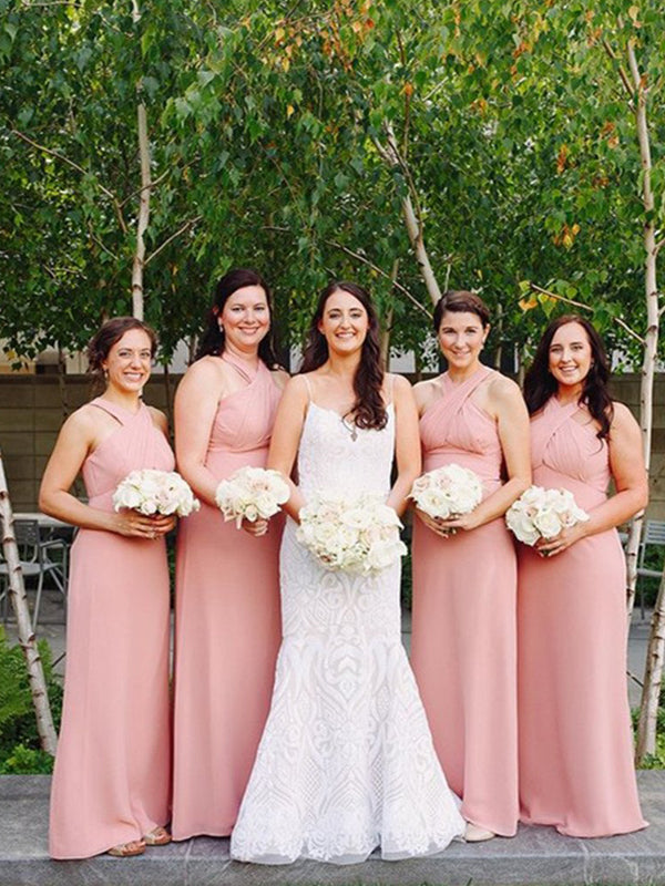 A-line Blush Pink Long Chiffon Bridesmaid Dresses With Pleats, BD0576