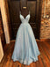 Simple Light Blue A-line V-neck Sequin Long Prom Dresses, OL123