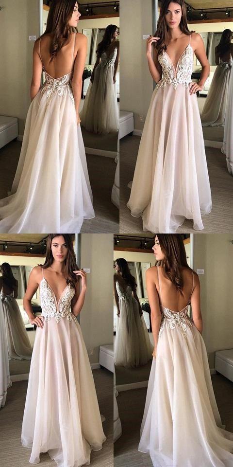Deep V-neck Spaghetti Straps Lace Appliqued Sexy White Prom Dresses, OL127
