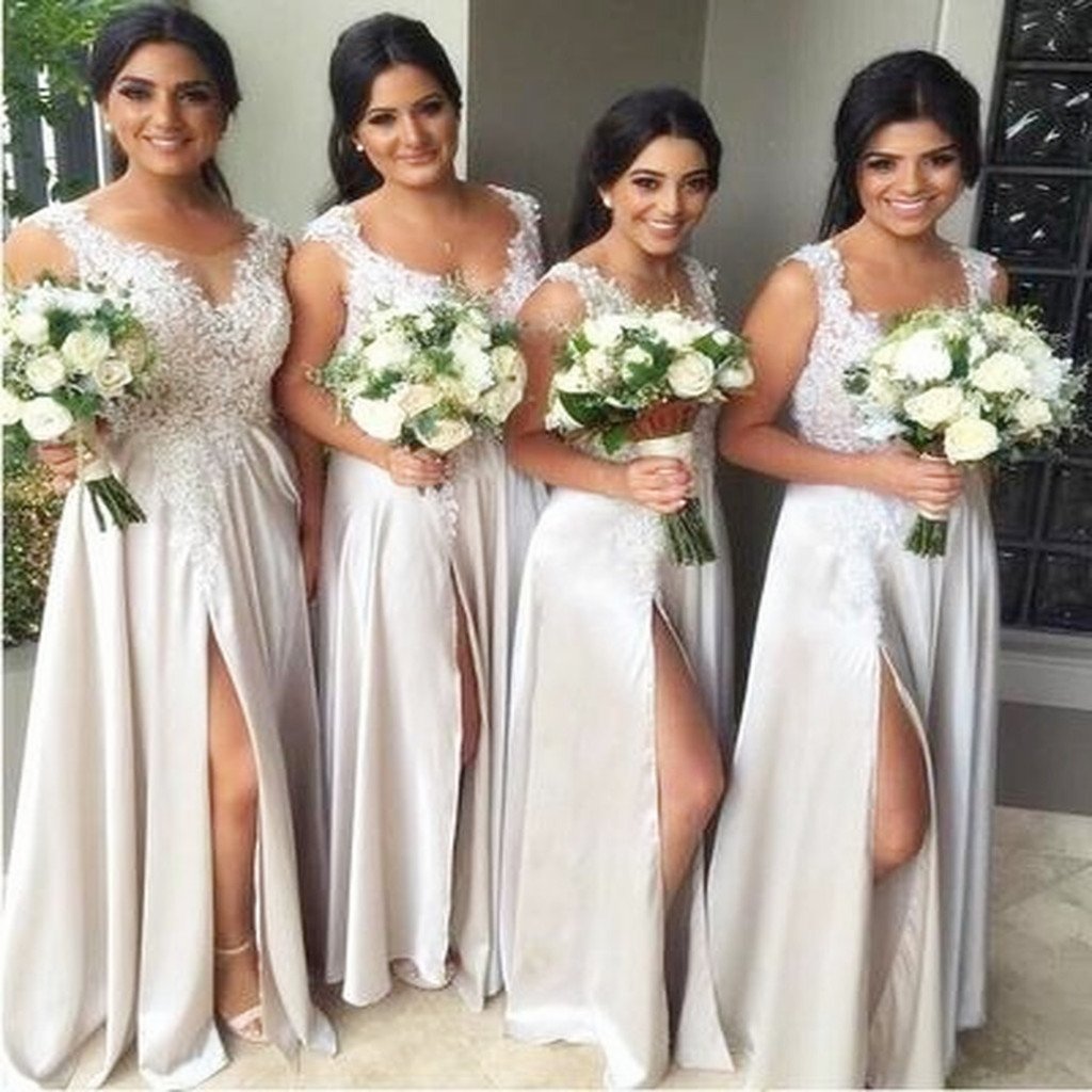 Newest A-line Floor-length Sexy Lace Appliques High Front Split bridesmaid dresses, BD0446