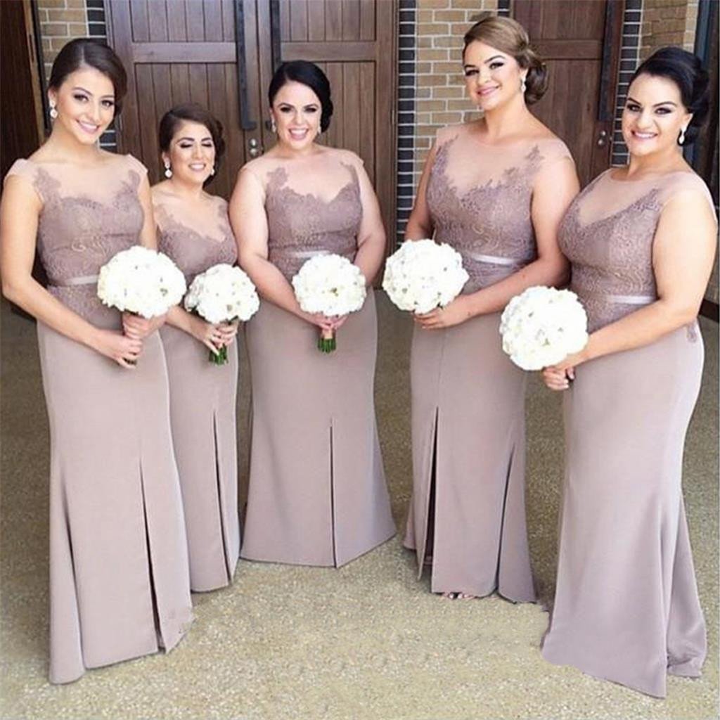Brown Long Slit Mermaid Plus Size Lace Modest Bridesmaid Dresses , Mother Dress ,Wedding Guest Gowns ,PD0256