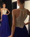 Floor-length Royal Blue A-line Round Neck Chiffon Beaded Long Prom Dress, PD0498