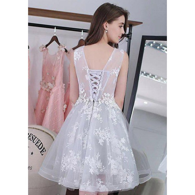 Hot Sale Lace Appliques Sleeveless Lace Up Back Tulle Homecoming Dresses, HD0428