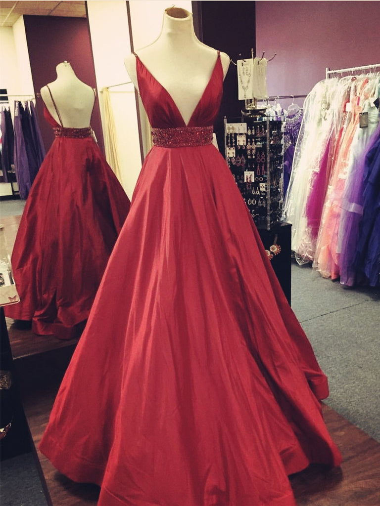 Gorgeous V-neck Spaghetti Straps Backless Beading Red Prom Dresses, PD0153