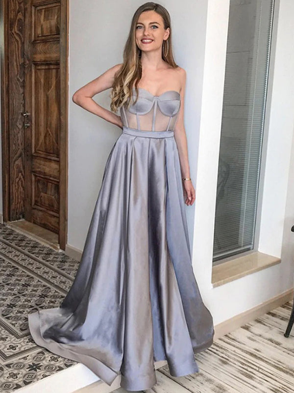 Sweetheart Silver Long Satin Prom Dresses, OL151