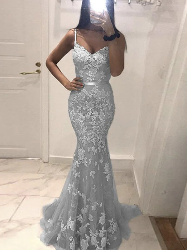Silver V-neck Mermaid Lace Prom Dresses, OL156