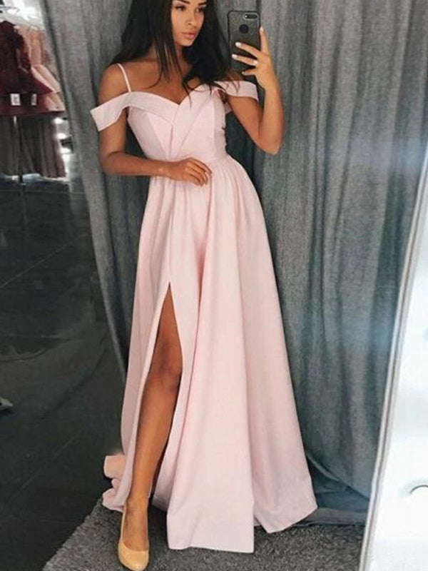 Formal Off Shoulder Long Pink Prom Dresses with Slit, OL166