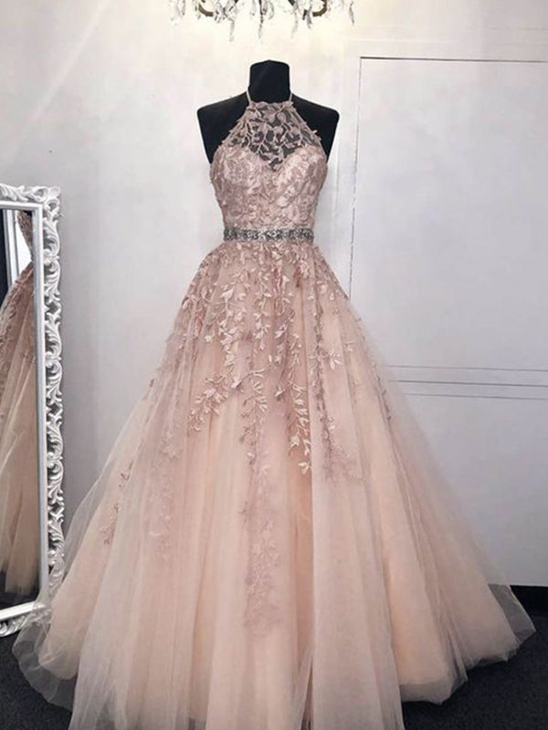 Charming A-line Long Tulle Pink Prom Dresses, OL170