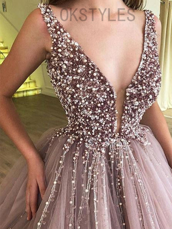 Elegant A-line V-neck Sparkly Gorgeous Prom Dresses, OL180