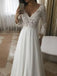 Elegant A-line V-neck Long Sleeves White Lace Prom Dresses, OL187