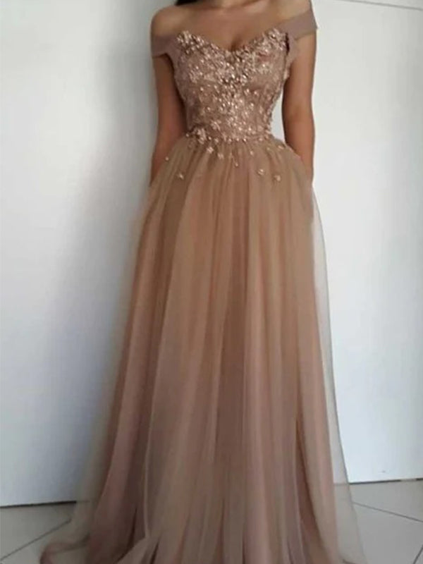 Sparkly Off Shoulder Sequins A-line Prom Dresses, OL200