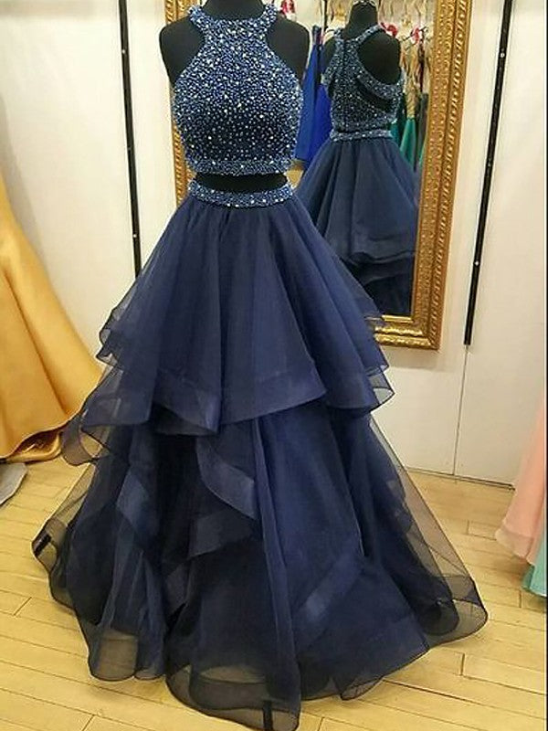 Two Pieces A-line Sleeveless Beading Prom Dresses, OL213