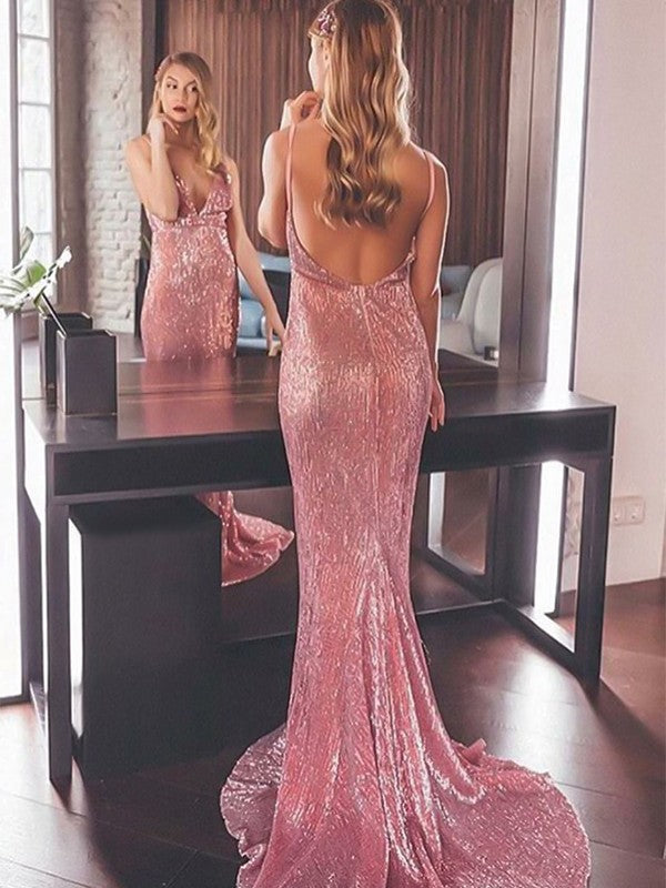 Mermaid Sleeveless Backless Pink Sequins Prom Dresses, OL215