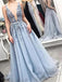 Beading A-line Deep V-neck Light Blue Sequins Prom Dresses, OL217