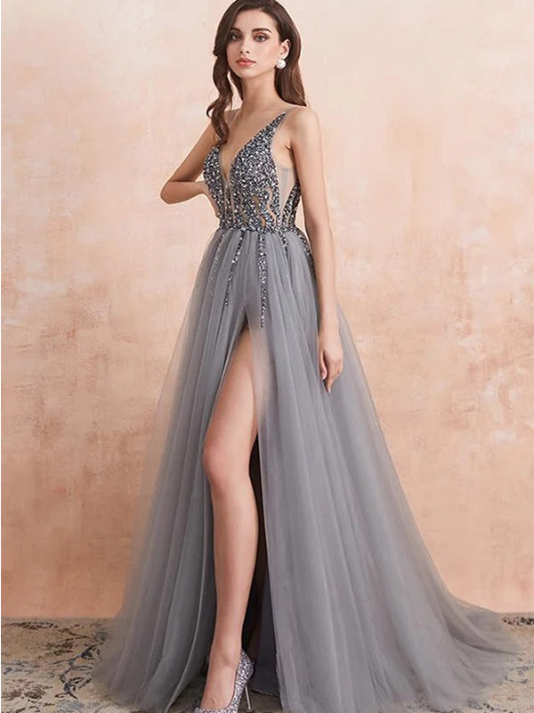 Silver Grey A-line Prom Dresses with Slit, OL220