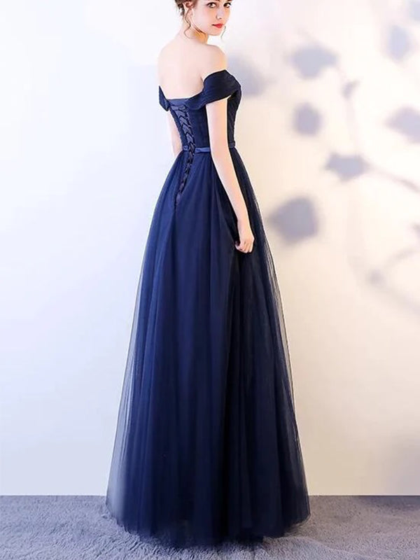 Charming Navy Blue Off Shoulder Tulle A-line Prom Dresses, OL279