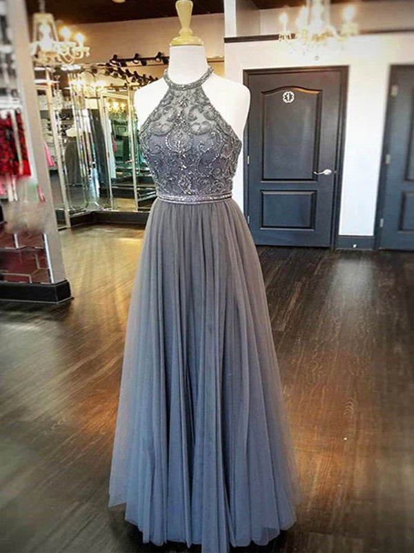 Gray Halter Tulle Beaded Long Prom Dresses, OL289