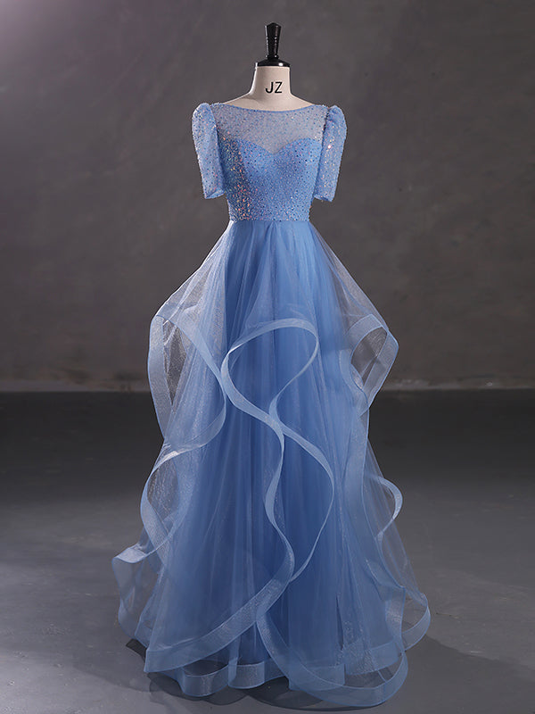 Blue Bateau Half Sleeves Tulle Prom Dresses, OL294