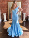 Blue Satin V-neck Mermaid Prom Dresses, OL300