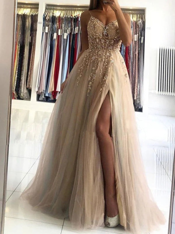 Glamorous V-neck Spaghetti Straps Beading Prom Dresses, OL303