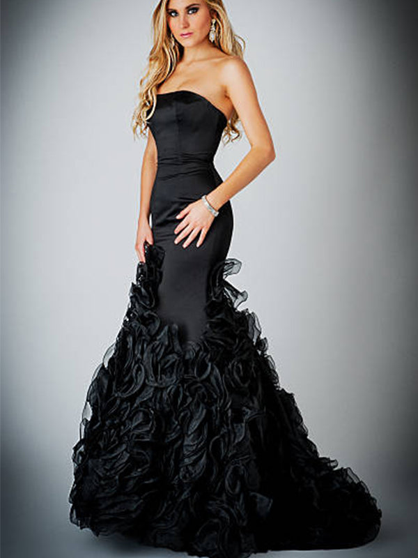 Black Mermaid Floor Length Appliqued Prom Dresses, OL326