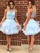 High Neck Beading Sleeveless Blue Short Homecoming Dress With Ruffles, HD0416