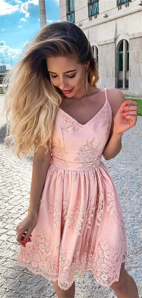 A-line Spaghetti Straps Backless Short Pink Lace Homecoming Dresses, HD0539
